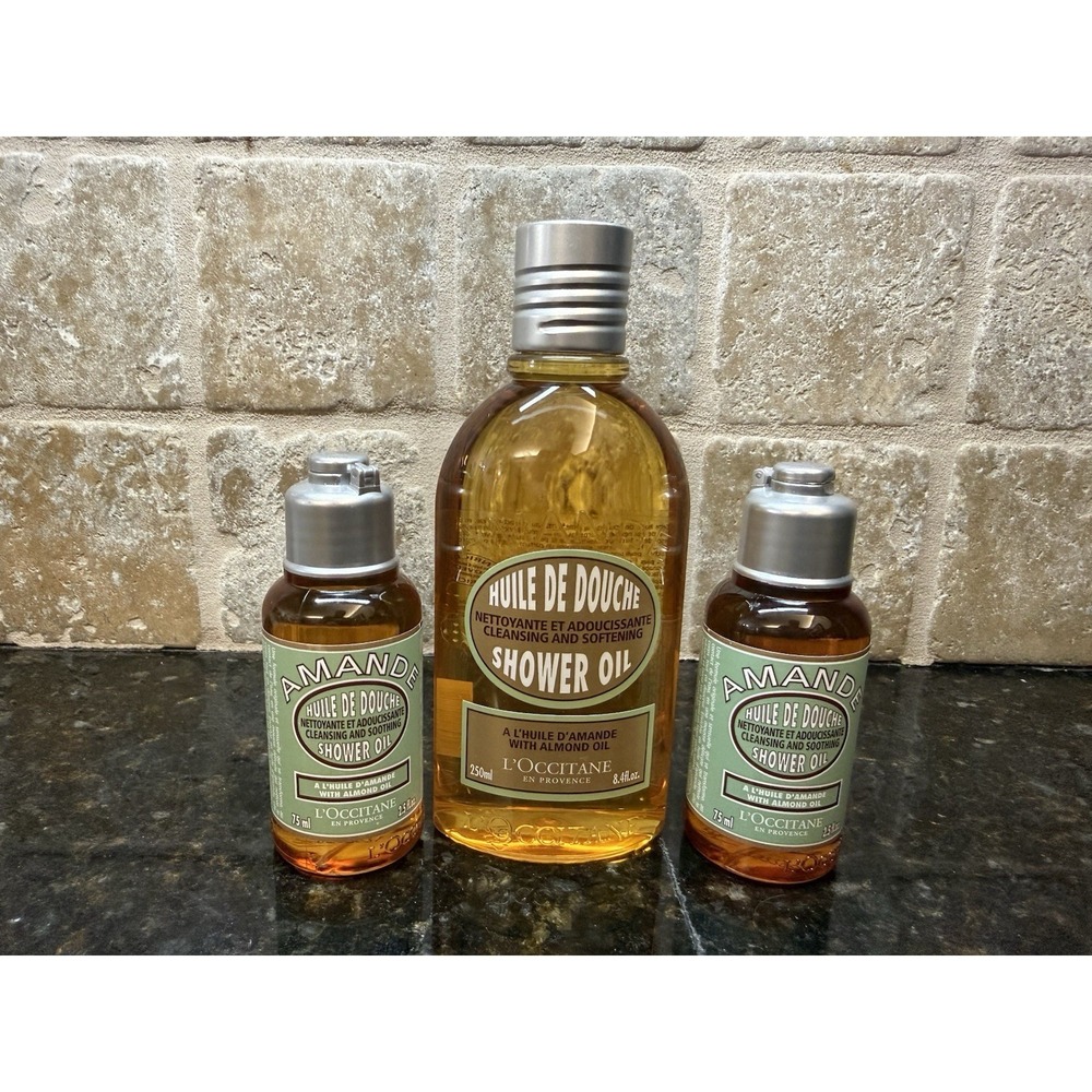 L'Occitane Almond Amande 3pc Shower Oil Set NEW 8.4 oz & 2 Travel 2.5 oz Bottles